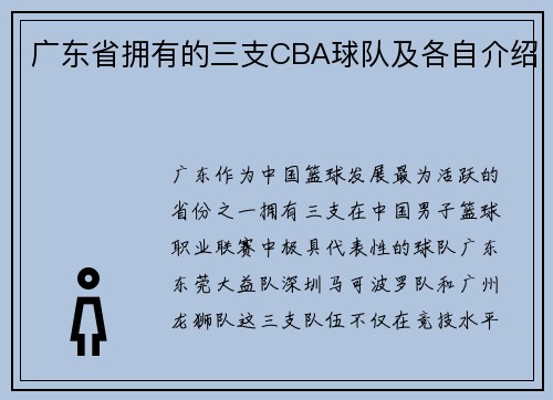 广东省拥有的三支CBA球队及各自介绍